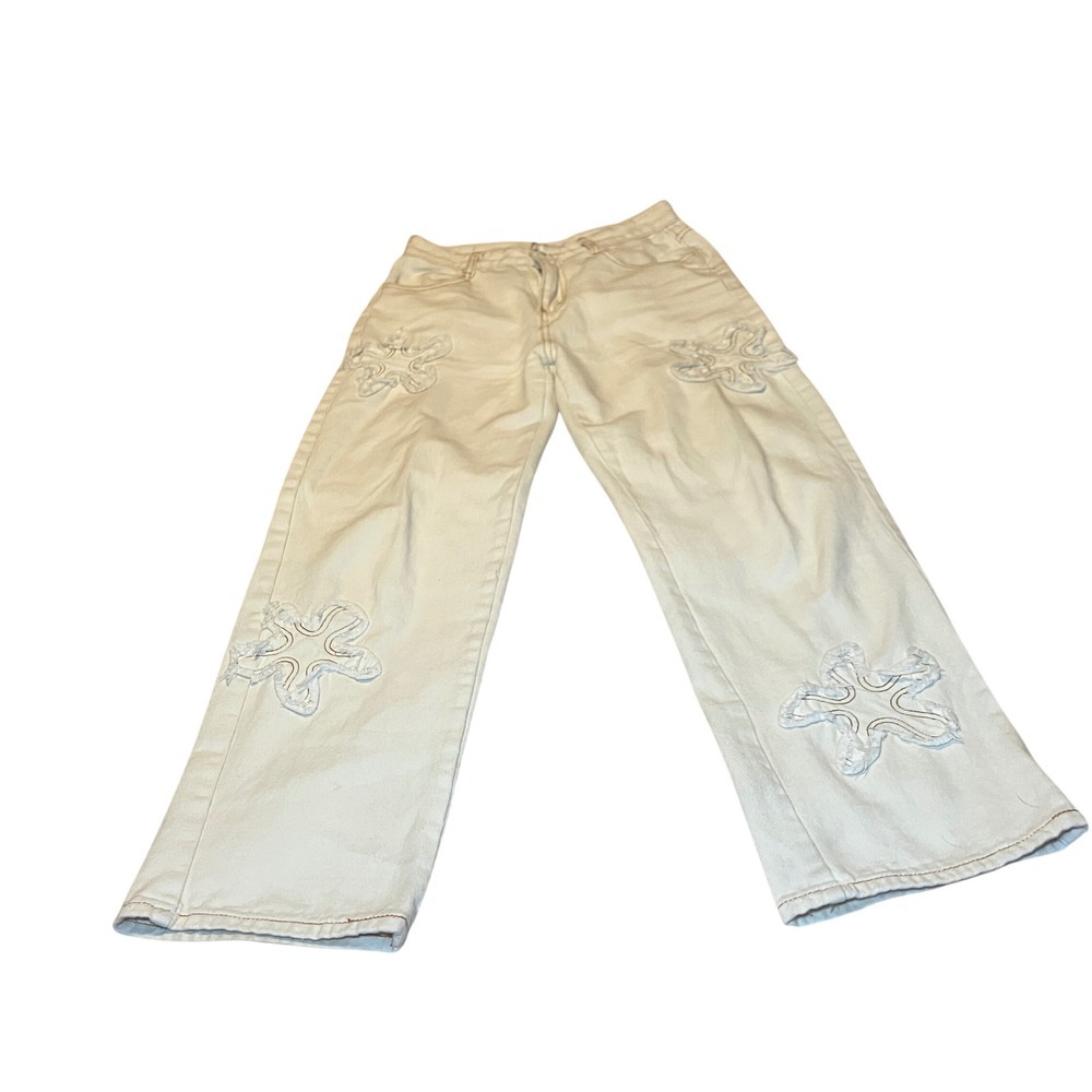 Star Patch Wide Leg Jeans Women's L Cream Y2K Streetwear High Rise Retro 90's